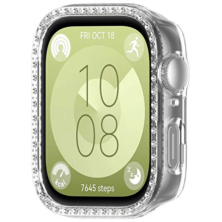 Huawei Watch Fit 3 İle Uyumlu Zarif Kristal Taşlı Kasa Koruyucu Kılıf