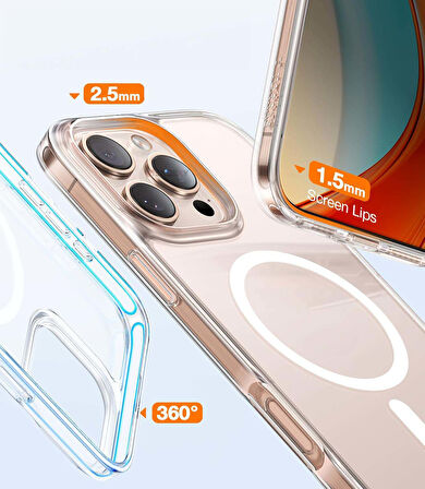 İPhone 16 Pro Max Magsafe Kablosuz Şarj Destekli Sert Silikon Şeffaf Kapak Ve 5D Ekran Koruyucu