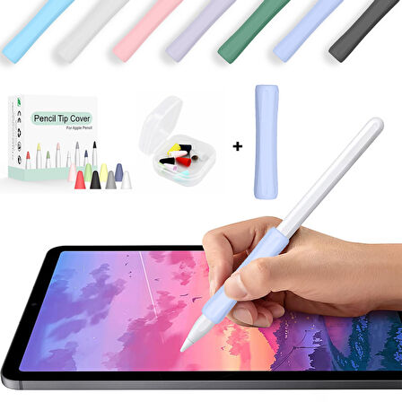 Apple Pencil 1-2 Nesil Pro USB-C Uyumlu Soft Yumuşak Silikon Kalem Tutucu ve 8'li Kalem Ucu Koruyucu