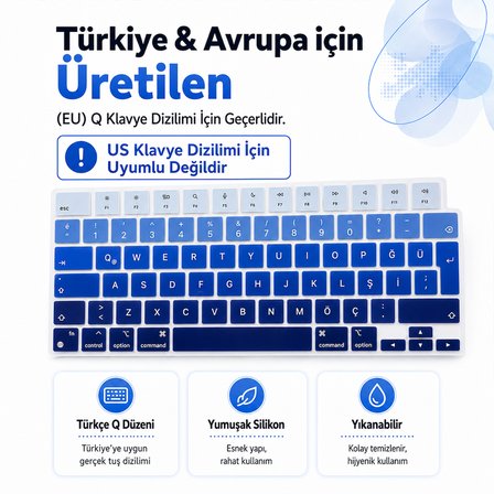 MacBook Air 13.6 İnç M2 M3 M4 M5 A2681 A3113 A3240 A3449 Uyumlu Türkçe Q Klavye Koruyucu Mavi Ombre