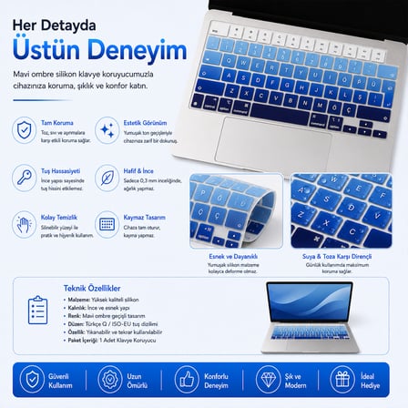 MacBook Air 13.6 İnç M2 M3 M4 M5 A2681 A3113 A3240 A3449 Uyumlu Türkçe Q Klavye Koruyucu Mavi Ombre