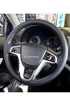 Hyundai Accent Blue Uyumlu Dikmeli Direksiyon Kılıfı Siyah Düz Deri Kokusuz ( 38cm×10cm )