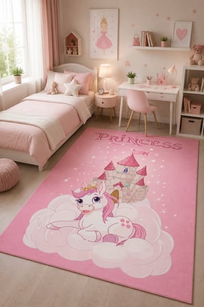 Pembe Şato Prensesi Desenli Baskı Şönil Kilim Kaymaz Taban Yıkanabilir Kız Çocuk Odası Halısı 12