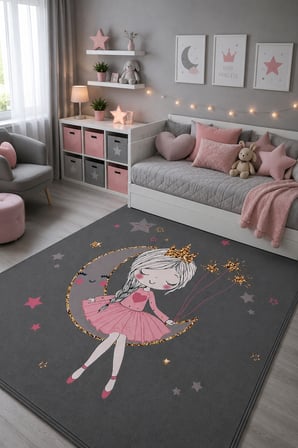 Gece Işığı Prensesi Ay Yıldız Desenli Şönil Kaymaz Taban Yıkanabilir Pembe Kız Çocuk Odası Halısı 16