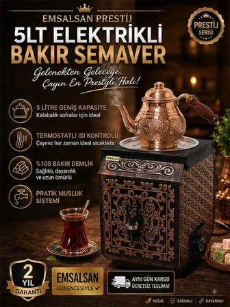 Emsalsan Prestij 5lt Elektrikli Bakır Semaver+Demlik Hediye