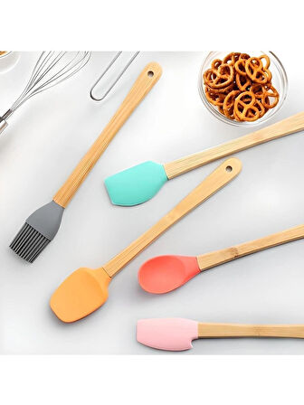 5'li Renkli Bambu Saplı Silikon Uçlu Spatula Fırçalı Kaşık Seti