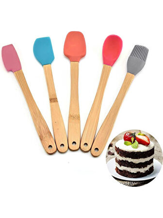 5'li Renkli Bambu Saplı Silikon Uçlu Spatula Fırçalı Kaşık Seti