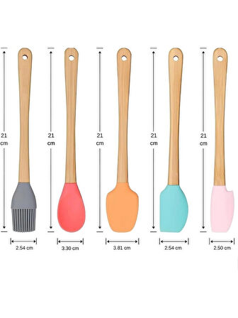 5'li Renkli Bambu Saplı Silikon Uçlu Spatula Fırçalı Kaşık Seti