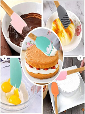 5'li Renkli Bambu Saplı Silikon Uçlu Spatula Fırçalı Kaşık Seti