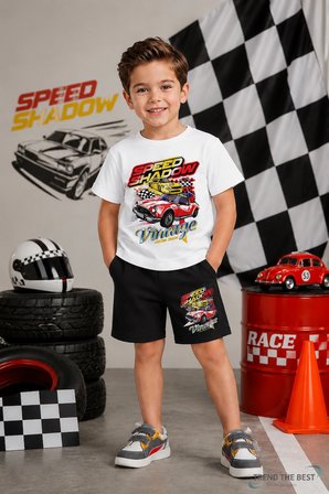 Yazlık Speed Shadow Sarı ve Kırmızı Araba Baskılı Erkek Çocuk Siyah Şort, Beyaz T-Shirt 