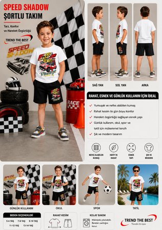 Yazlık Speed Shadow Sarı ve Kırmızı Araba Baskılı Erkek Çocuk Siyah Şort, Beyaz T-Shirt 