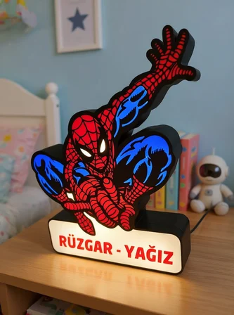 Kişiye Özel İsimli Spiderman - Örümcek Adam Temalı Led Gece Lambası - Çocuk Odası Dekoratif Masa Lambası Diğer 