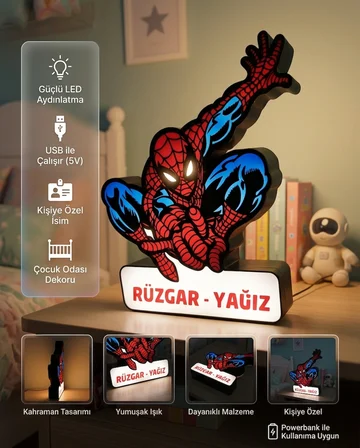 Kişiye Özel İsimli Spiderman - Örümcek Adam Temalı Led Gece Lambası - Çocuk Odası Dekoratif Masa Lambası Diğer 