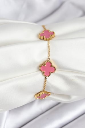 316L Çelik Gold Zincir Pembe Yonca Renk Bileklik 5886