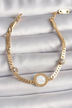 316L Çelik Gold Renk Yassı Zincir Model Zirkon Taş Detaylı Beyaz Mineli Madalyon