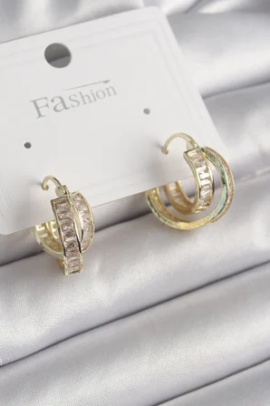 Pirinç Gold Renk Zirkon Taşlı Halka Model Kadın Küpe 5886