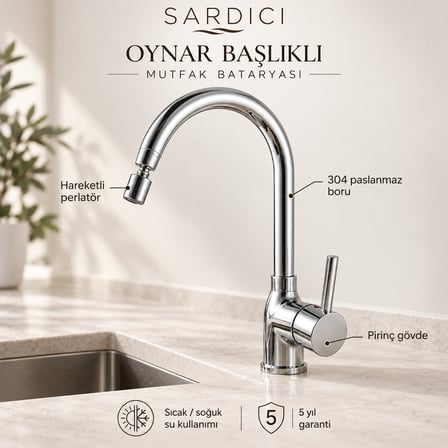 Sardıcı Akış Oynar Başlıklı Mutfak Bataryası 40 cm 304 Flex Hortumlu Pirinç Gövde 5 Yıl Garantili