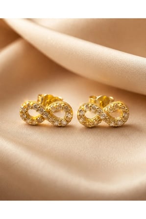 Gold 14 Ayar Altın Beyaz Taşlı Sonsuzluk Küpe