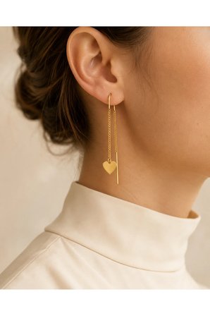 14 Ayar Altın Minimal Sade Kalp Sallantılı Zincir Küpe