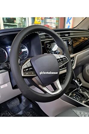 Ssangyong Actyon Sports Uyumlu Dikmeli Direksiyon Kılıfı Soft Siyah Deri Gri Ipli A Plus ( 38×10cm )