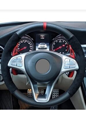 Dacia Sandero Stepway Uyumlu Dikmeli Direksiyon Kılıfı Alkantara Karbon Kırmızı