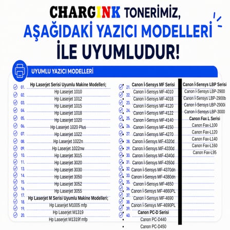 Chargink Hp Laserjet 3015  Hp Laserjet 3020  Hp Laserjet 3030  Hp Laserjet 3050  Hp Laserjet 3052  Hp Laserjet 3055 Uyumlu Muadil Toner