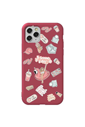 Iphone 11 Pro Max Bordo Renkli Silikon Telefon Kilifi - Beach Babe