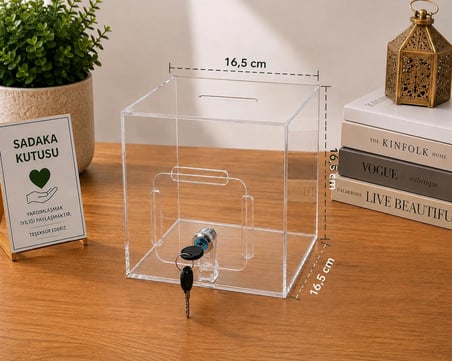 Pleksi Bağış Kutusu - Metal Kilitli Şeffaf Sadaka Kutusu | 16.5x16.5 cm Tip Box
