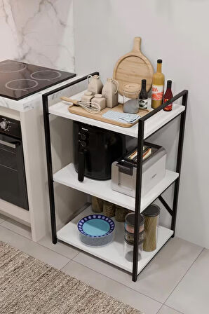 Steel Design 3 Katlı Metal Ahşap Mutfak Rafı ,Çok Amaçlı Mutfak Organizer Raf Ünitesi ,Kahve Köşesi Mutfak Dolabı