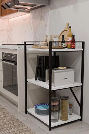 Steel Design 3 Katlı Metal Ahşap Mutfak Rafı ,Çok Amaçlı Mutfak Organizer Raf Ünitesi ,Kahve Köşesi Mutfak Dolabı