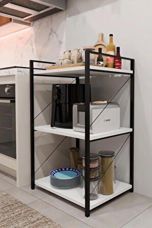 Steel Design 3 Katlı Metal Ahşap Mutfak Rafı ,Çok Amaçlı Mutfak Organizer Raf Ünitesi ,Kahve Köşesi Mutfak Dolabı