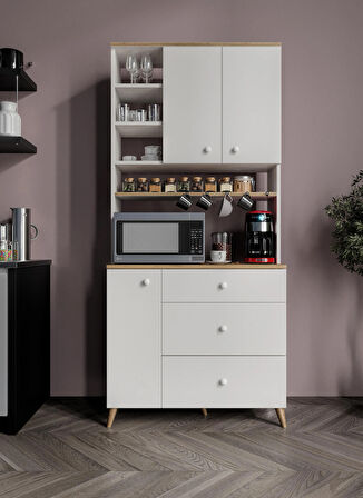 Stella Kahve Köşesi Dolabı Aytaşı Beyaz-Meşe 90cm, Erzak Dolabı, Kiler Dolabı