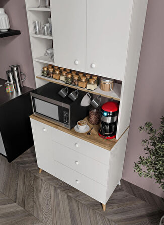 Stella Kahve Köşesi Dolabı Aytaşı Beyaz-Meşe 90cm, Erzak Dolabı, Kiler Dolabı