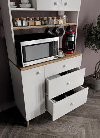 Stella Kahve Köşesi Dolabı Aytaşı Beyaz-Meşe 90cm, Erzak Dolabı, Kiler Dolabı