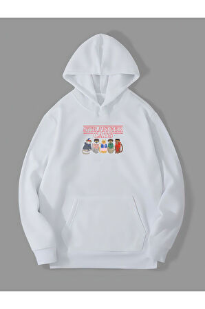 Üç İplik Stranger Cats Baskılı Unisex Beyaz Kanguru Cepli Kapüşonlu Sweatshirt Hoodie | M