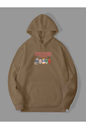 3 İplik Stranger Cats Baskılı Kemik Kanguru Cepli Kapüşonlu Sweatshirt Hoodie | M