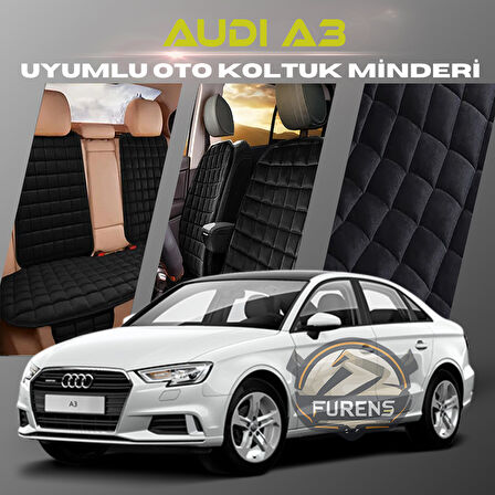 Audi A3 Siyah Renk Tay Tüyü Cepli & Terletmez Sırtlı Oto Koltuk Minder Seti - Koltuk Koruma Kılıfı (ÖN & ARKA TAM SET)