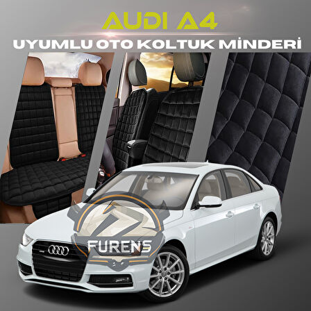 Audi A4 Siyah Renk Tay Tüyü Cepli & Terletmez Sırtlı Oto Koltuk Minder Seti - Koltuk Koruma Kılıfı (ÖN & ARKA TAM SET)