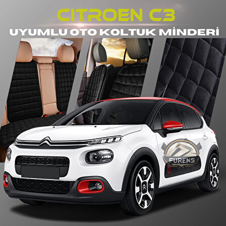 Citroen C3 Siyah Renk Tay Tüyü Cepli & Terletmez Sırtlı Oto Koltuk Minder Seti - Koltuk Koruma Kılıfı (ÖN & ARKA TAM SET)