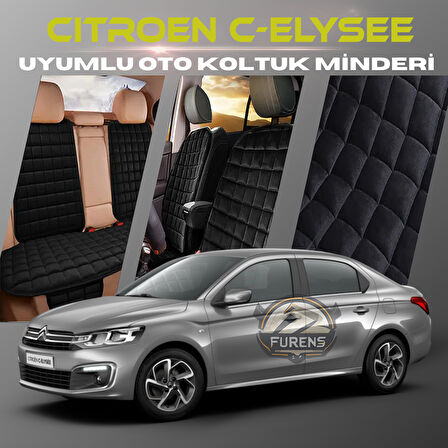 Citroen C-Elysee Siyah Renk Tay Tüyü Cepli & Terletmez Sırtlı Oto Koltuk Minder Seti - Koltuk Koruma Kılıfı (ÖN & ARKA TAM SET)
