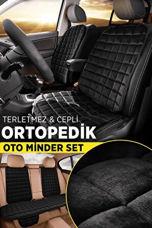 Ford Focus 2.5 Siyah Renk Tay Tüyü Cepli & Terletmez Sırtlı Oto Koltuk Minder Seti - Koltuk Koruma Kılıfı (ÖN & ARKA TAM SET)