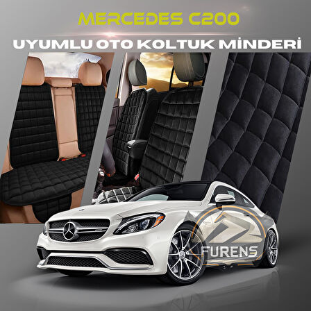 Mercedes C200 Siyah Renk Tay Tüyü Cepli & Terletmez Sırtlı Oto Koltuk Minder Seti - Koltuk Koruma Kılıfı (ÖN & ARKA TAM SET)