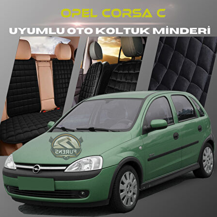 Opel Corsa C Siyah Renk Tay Tüyü Cepli & Terletmez Sırtlı Oto Koltuk Minder Seti - Koltuk Koruma Kılıfı (ÖN & ARKA TAM SET)