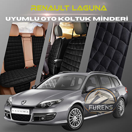 Renault Laguna 3 Siyah Renk Tay Tüyü Cepli & Terletmez Sırtlı Oto Koltuk Minder Seti - Koltuk Koruma Kılıfı (ÖN & ARKA TAM SET)
