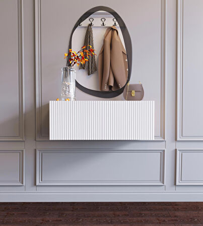 Ahşap Görünümlü Beyaz Kapaklı Çok Amaçlı Duvara Monte Makyaj Masası Dresuar Tv Ünitesi