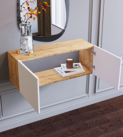 Ahşap Görünümlü Beyaz Kapaklı Çok Amaçlı Duvara Monte Makyaj Masası Dresuar Tv Ünitesi