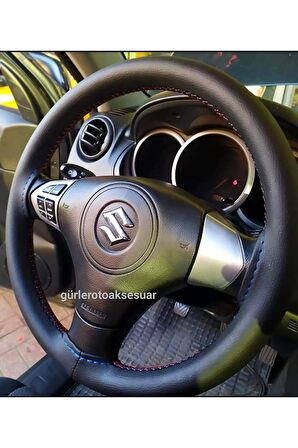 Suzuki Uyumlu Deri Dikmeli Direksiyon Kılıfı Soft Kırmızı Ipli 38×10.5cm