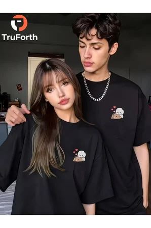 Sevgili Kombin Tişörtü Sevimli Karakter Baskılı Unisex Oversize Çift Tişörtü %100 Pamuk Siyah