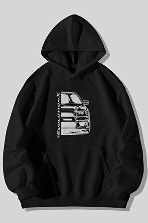 Mitsubishi Evolution Ön Arka Baskılı Unisex Siyah Kanguru Cepli Kapüşonlu Sweatshirt Hoodie | XL
