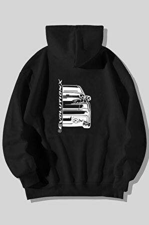 Mitsubishi Evolution Ön Arka Baskılı Unisex Siyah Kanguru Cepli Kapüşonlu Sweatshirt Hoodie | XL